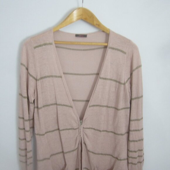 Wrap Womens 10 Mauve Pink Gold Metallic Stripe Linen LS Cardigan Sweater M - Picture 12 of 13